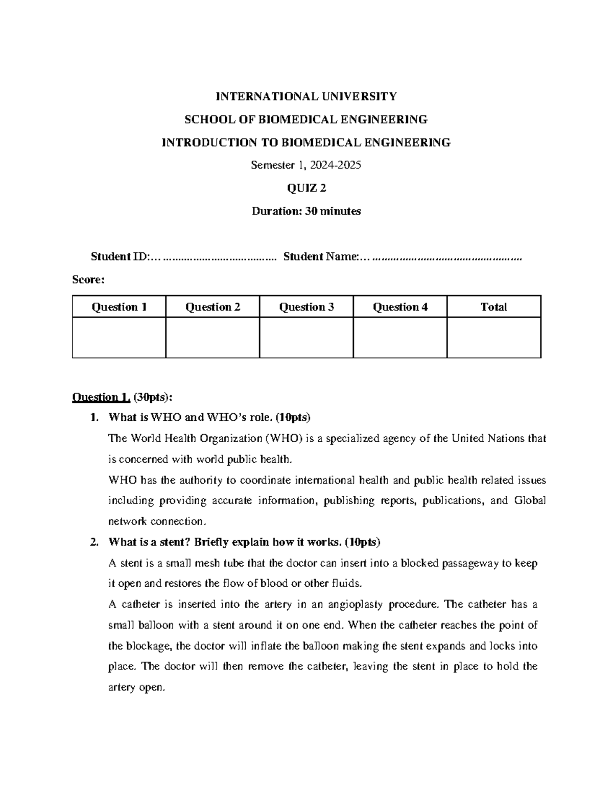 Quiz 2 Solutions - Introduction to Biomedical Engineering (BME 101 ...