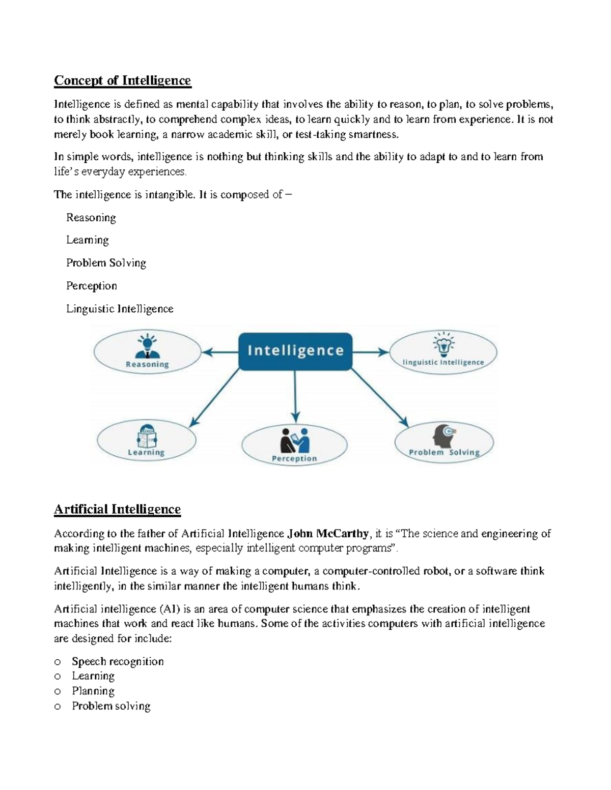 AI Unit-1 - Good - Concept of Intelligence Intelligence is defined as ...