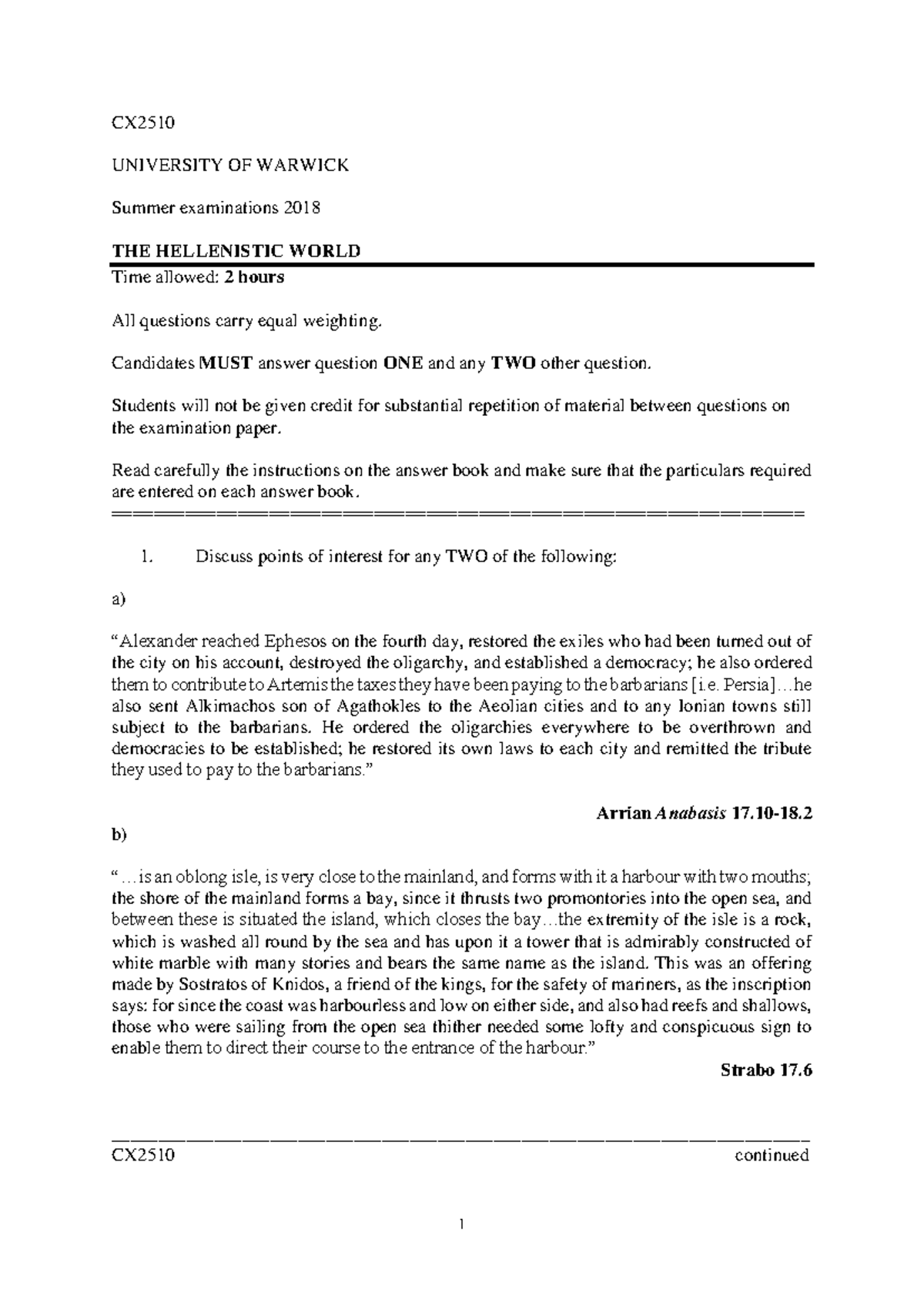CX251 Hellenistic World 323-31 BC 2018 Practice Exam Paper - Studocu