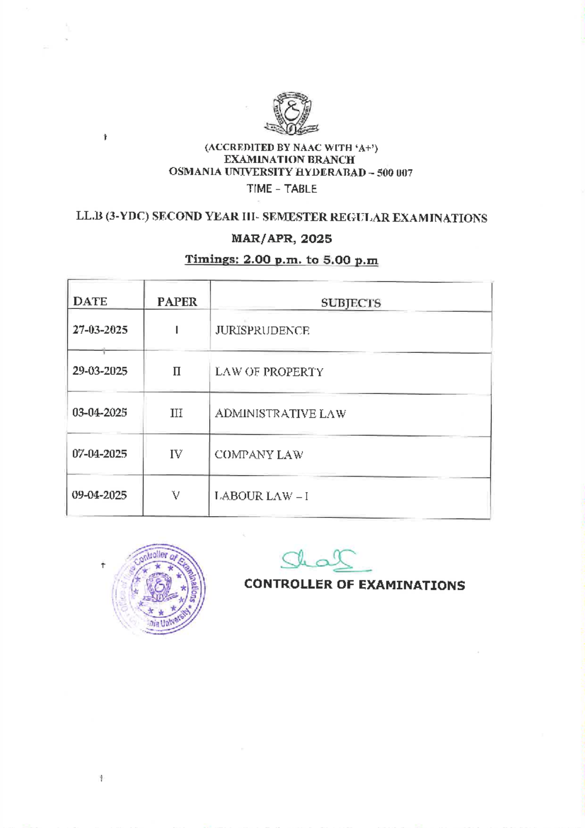 LLB 2nd Year Semester Regular Exam Timetable 2025 - Osmania Uni - Studocu