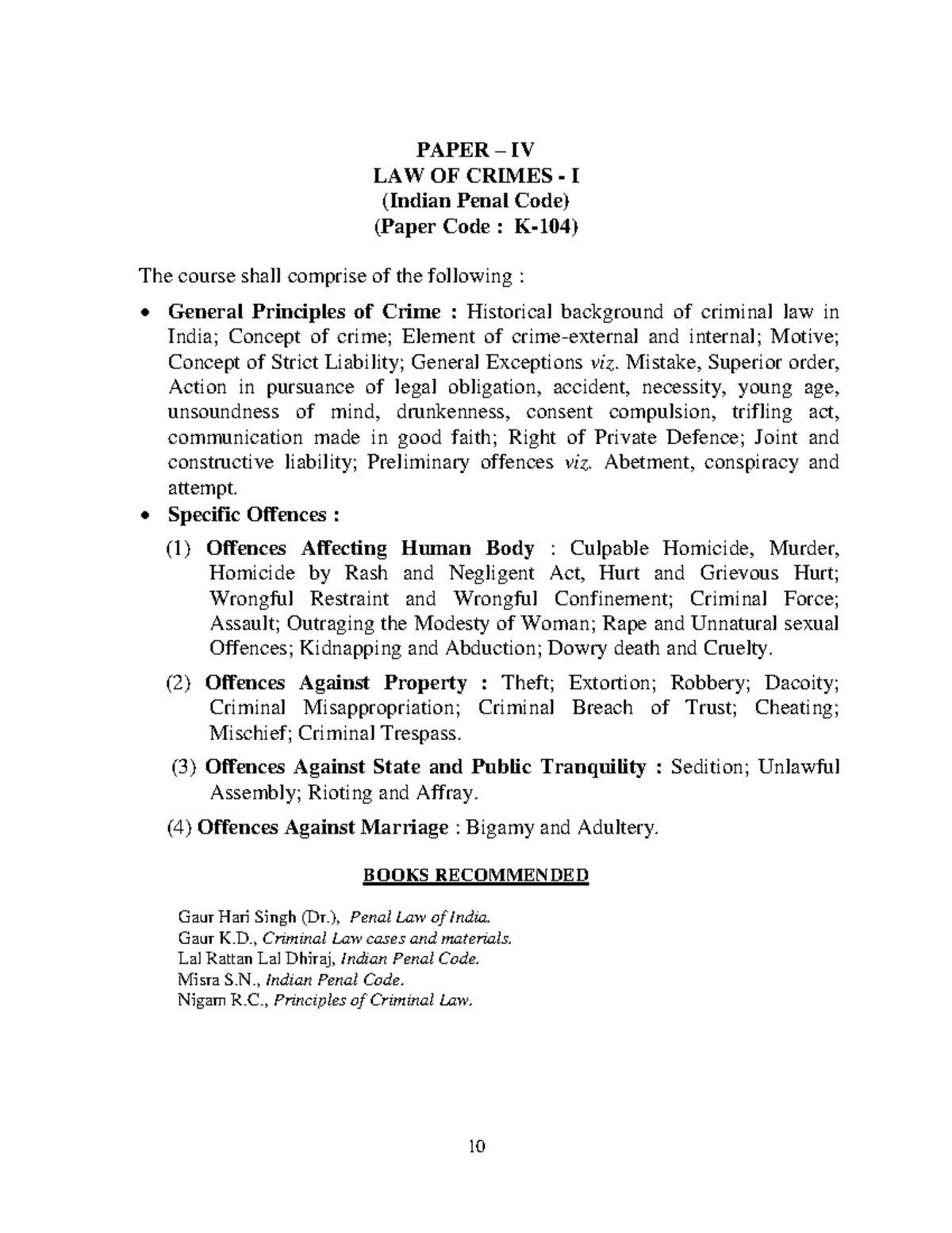 1004 - LAW OF CRIMES - I (Indian Penal Code) (Paper Code : K-104) - 10 ...