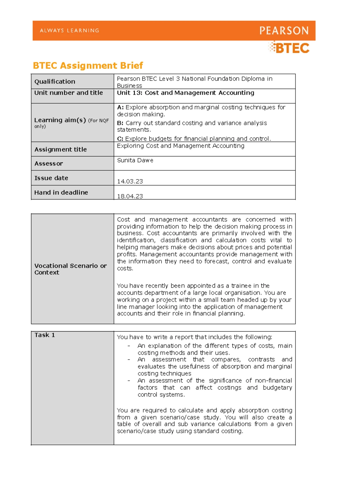 Unit 18 Assingmet 1 - BTEC Assignment Brief Qualification Pearson BTEC ...