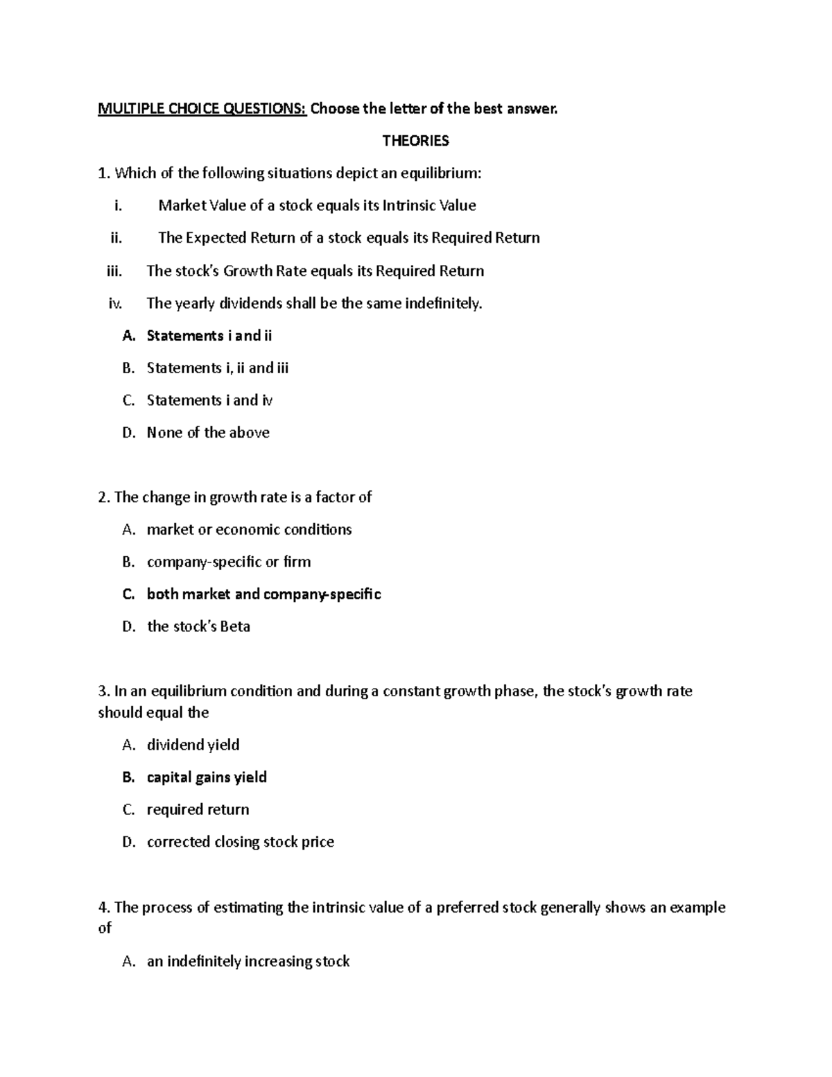 Stock Valuation MCQs & Problems Review for FIN 302 - Studocu