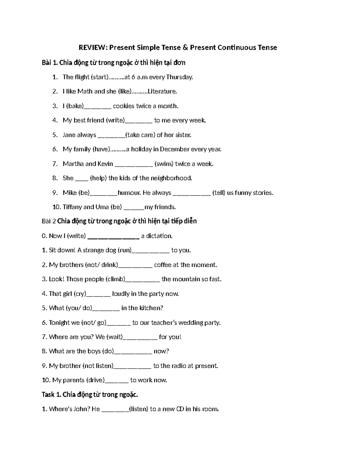 REVIEW: Present Simple & Continuous Tenses Exercises (Bài tập htd, httd ...