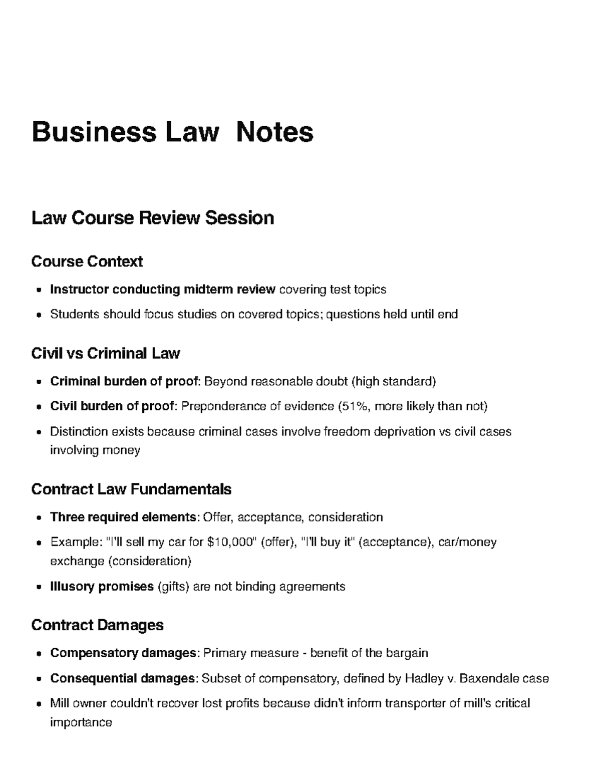 Business Law Midterm Review Notes (Course Code: LAW 101) - Studocu