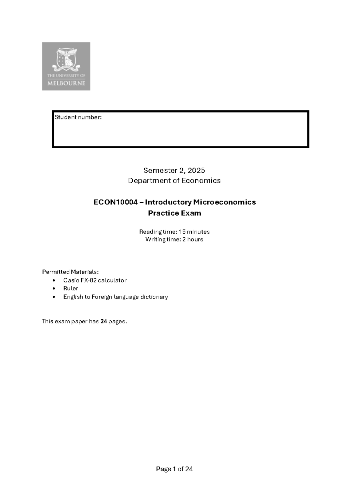 Practice Exam: Introductory Microeconomics (ECO101) - Semester 2, 2025 ...