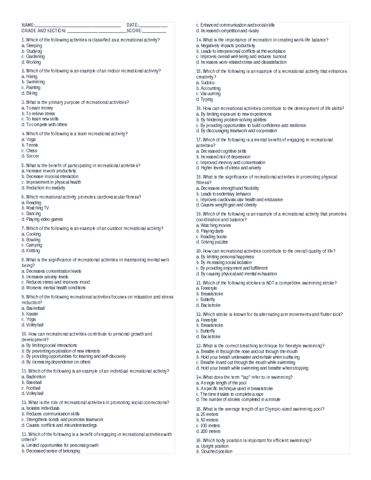 Diagnostic Test PE12 - CPAR Week 4: Recreational Activities Assessment ...