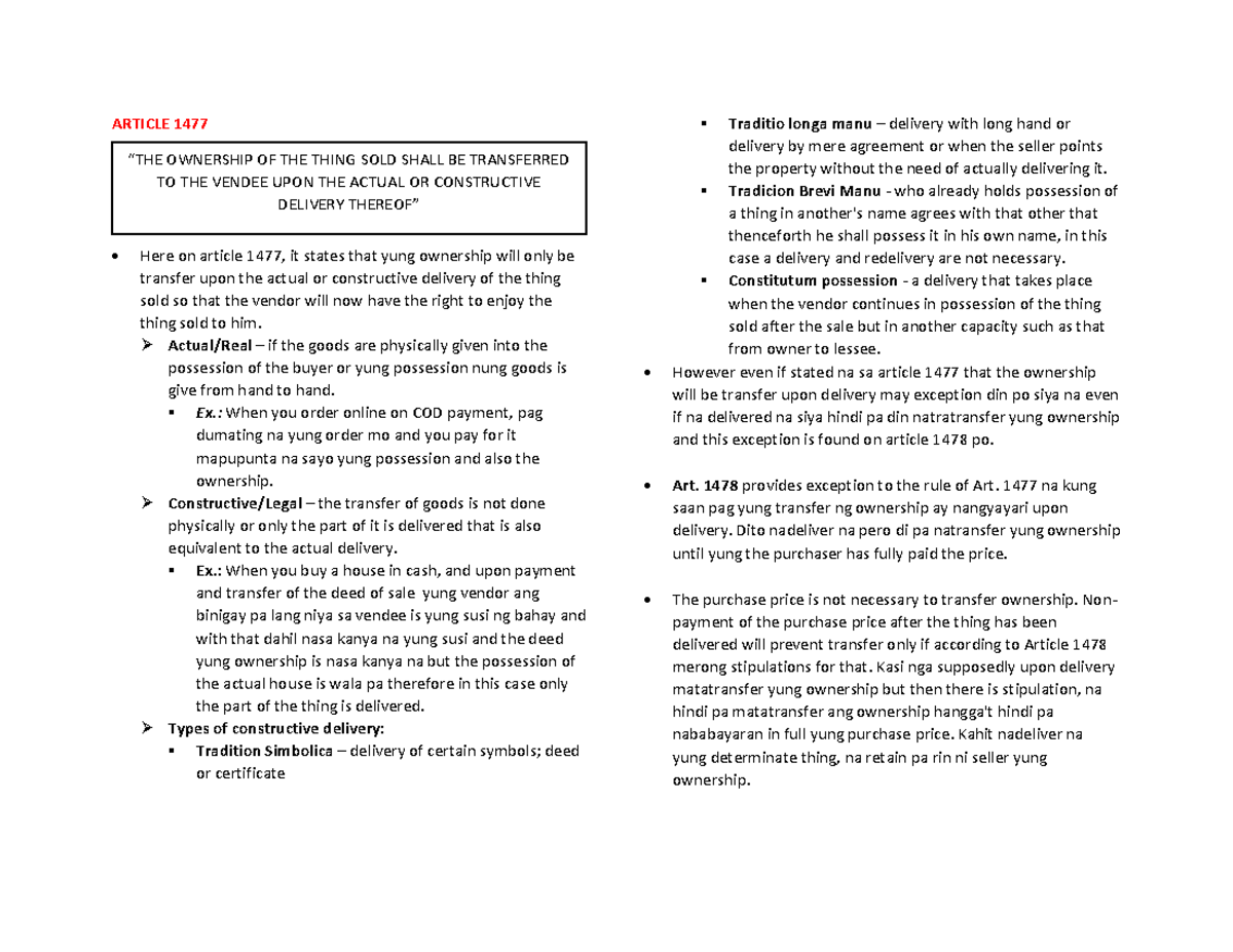 Article 1477 - Lecture Notes on Ownership Transfer in Law - Studocu