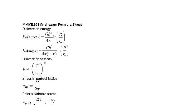 MMMB201 Final Exam Formula Sheet: Dislocation & Stress Concepts - Studocu