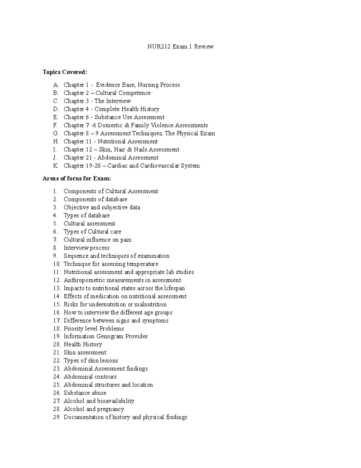NUR 212 Exam 1 Comprehensive Review Guide for Key Topics - Studocu