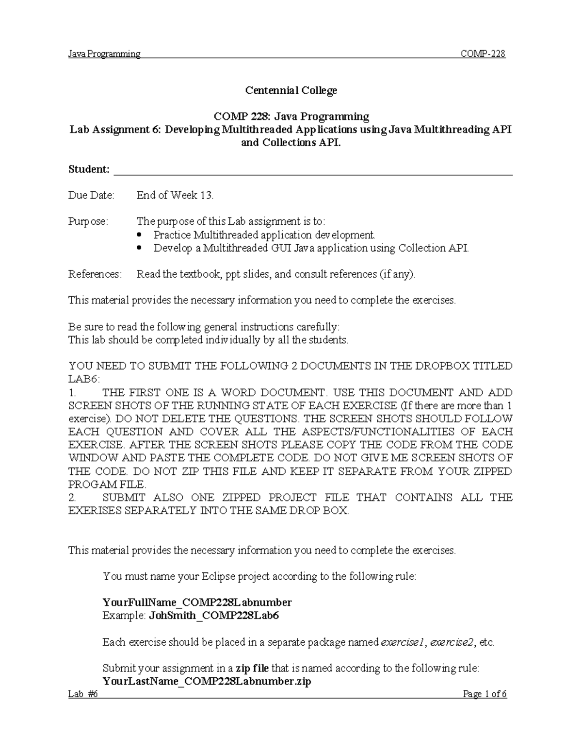 COMP228Lab6Final - Java assignment - Centennial College COMP 228: Java ...