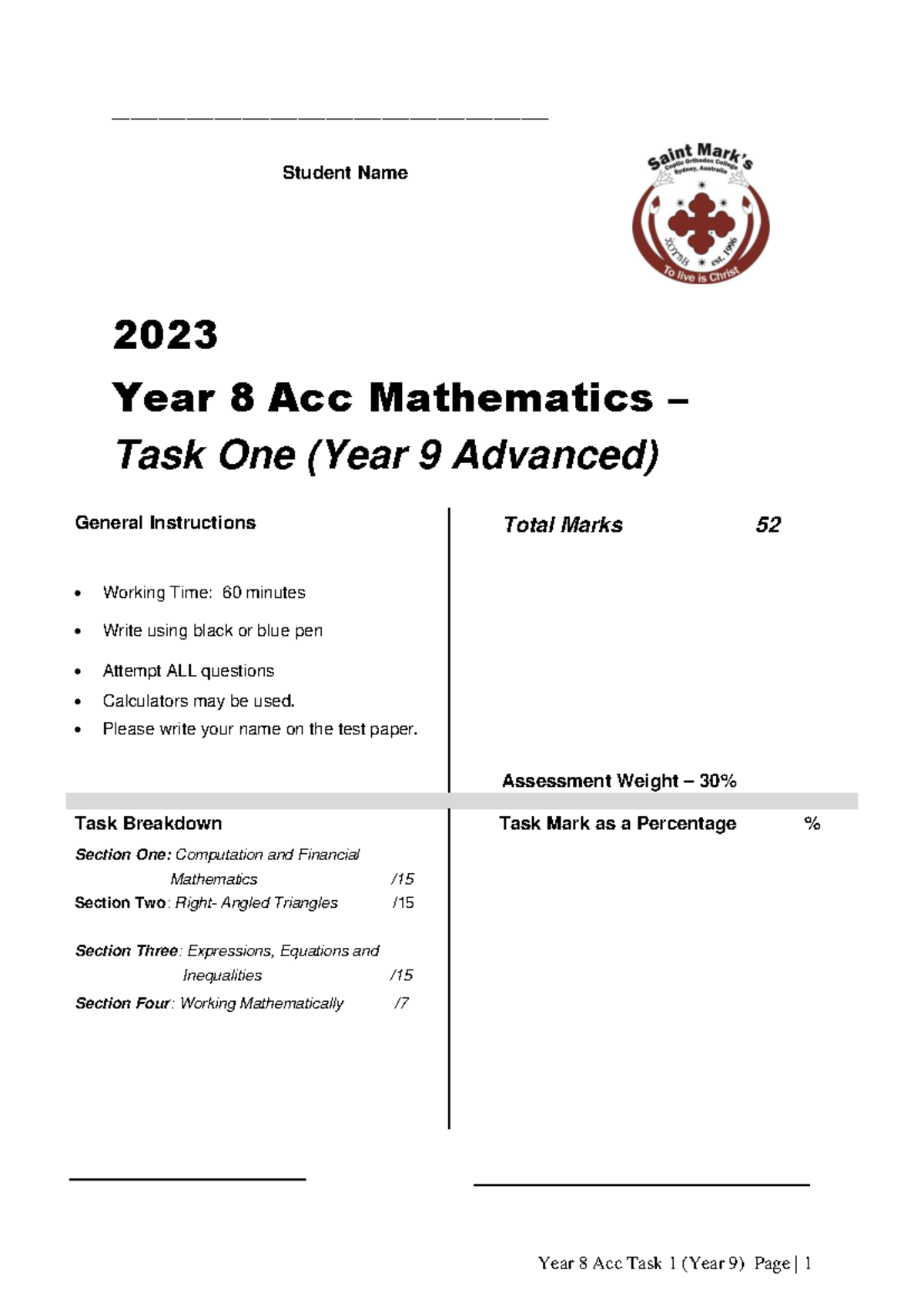 2023 Year 8 Acc Mathematics Task 1 (Year 9 Advanced) Instructions - Studocu