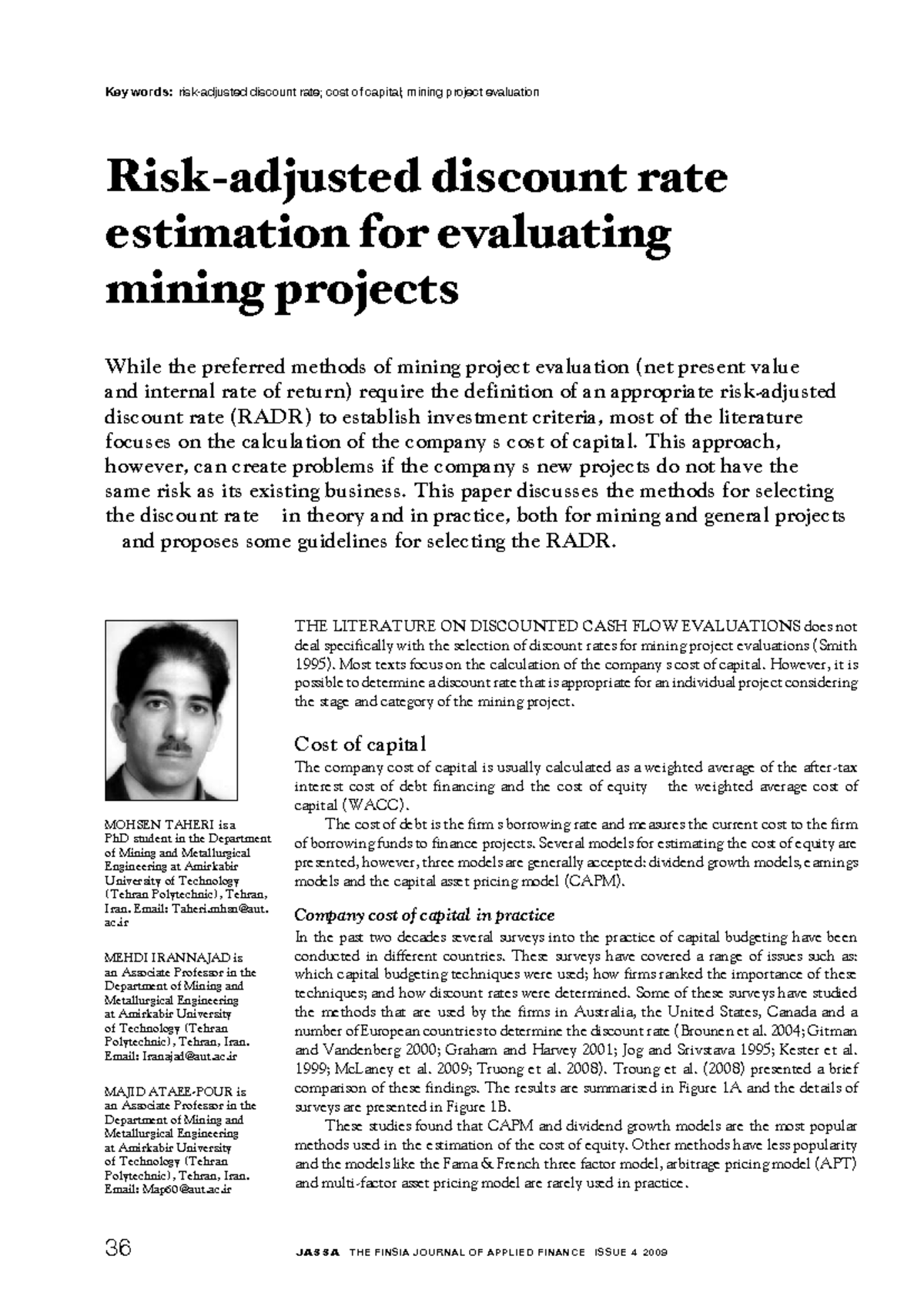 Risk-Adjusted Discount Rate Estimation for Mining Projects Evaluation ...