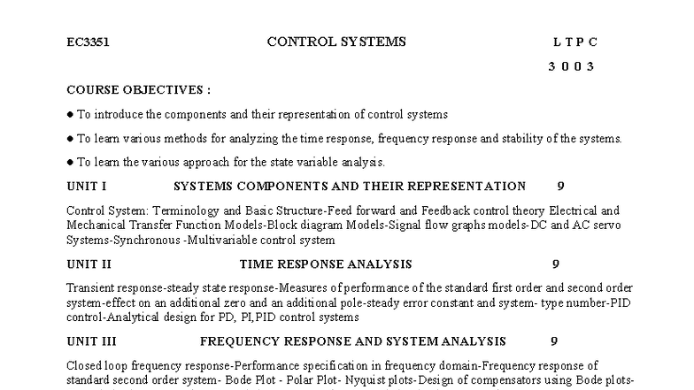 Control Systems Syllabus EC3351: Course Overview and Objectives - Studocu