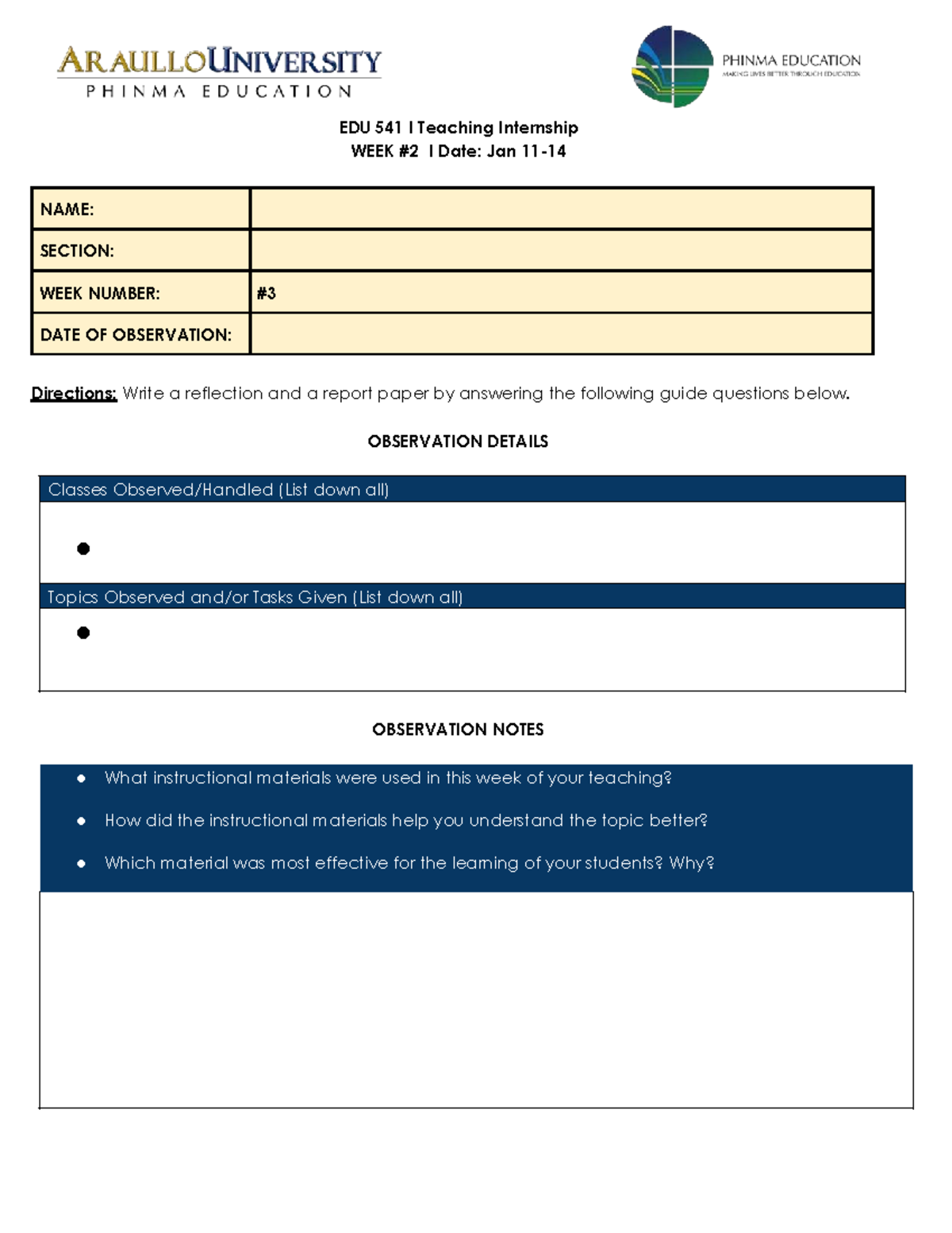 EDU 541 l Teaching Internship Weekly Reflection & Report Template - Studocu
