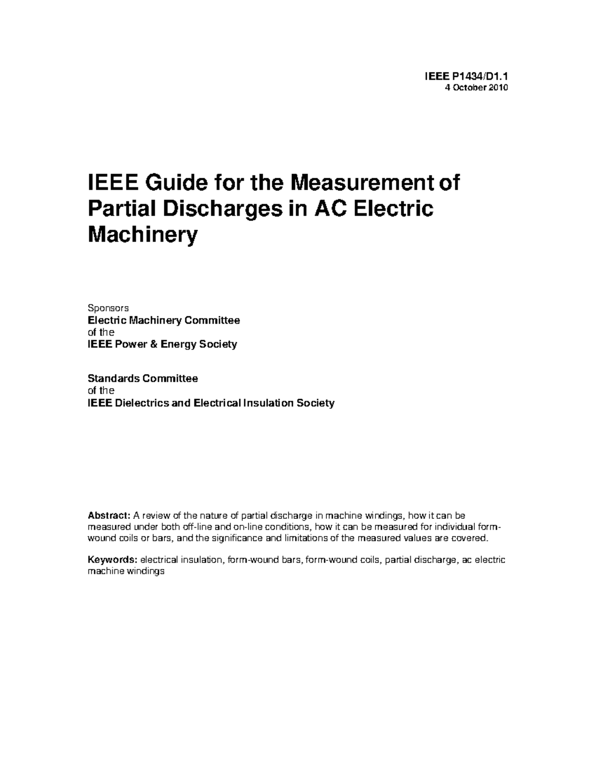 IEEE Std 1434-2010 - Guide for Measuring Partial Discharges in Electric Machinery - Document Preview