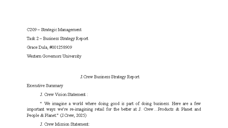 C209 Strategic Management Task 2: J.Crew Business Strategy Report - Studocu