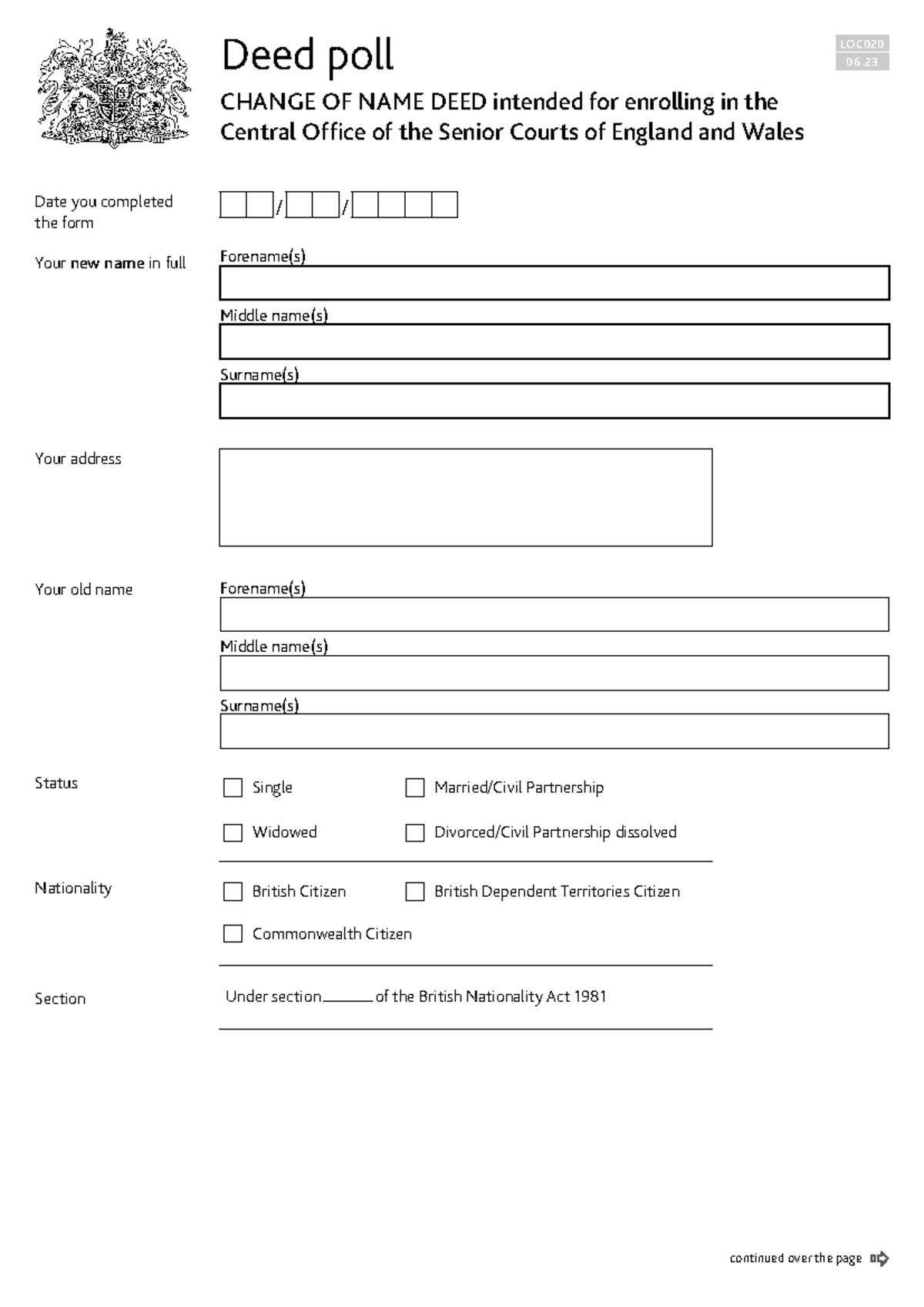 Change of Name Deed - LOC020 06.23 for Central Office Enrollment - Studocu