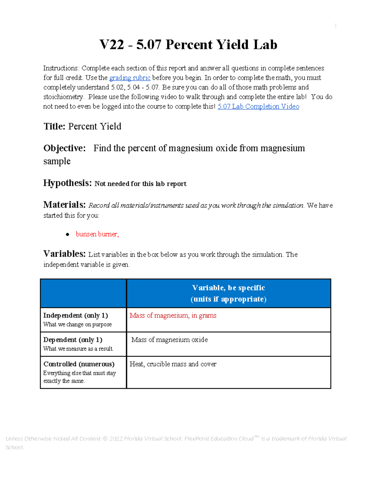 5.07 Percent yield lab report for magnesium oxide experiment - Studocu