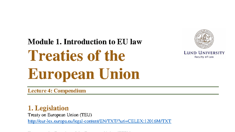 Lecture 4: Treaties of the European Union - Compendium on TEU & TFEU ...
