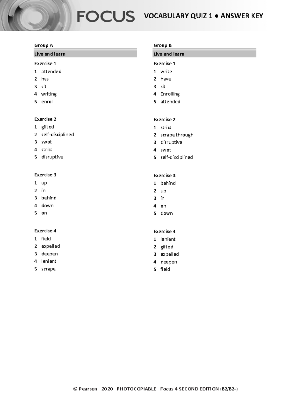 Focus 4 2E Vocabulary Quiz Unit1 Group A B Answers - © Pearson 2020 ...