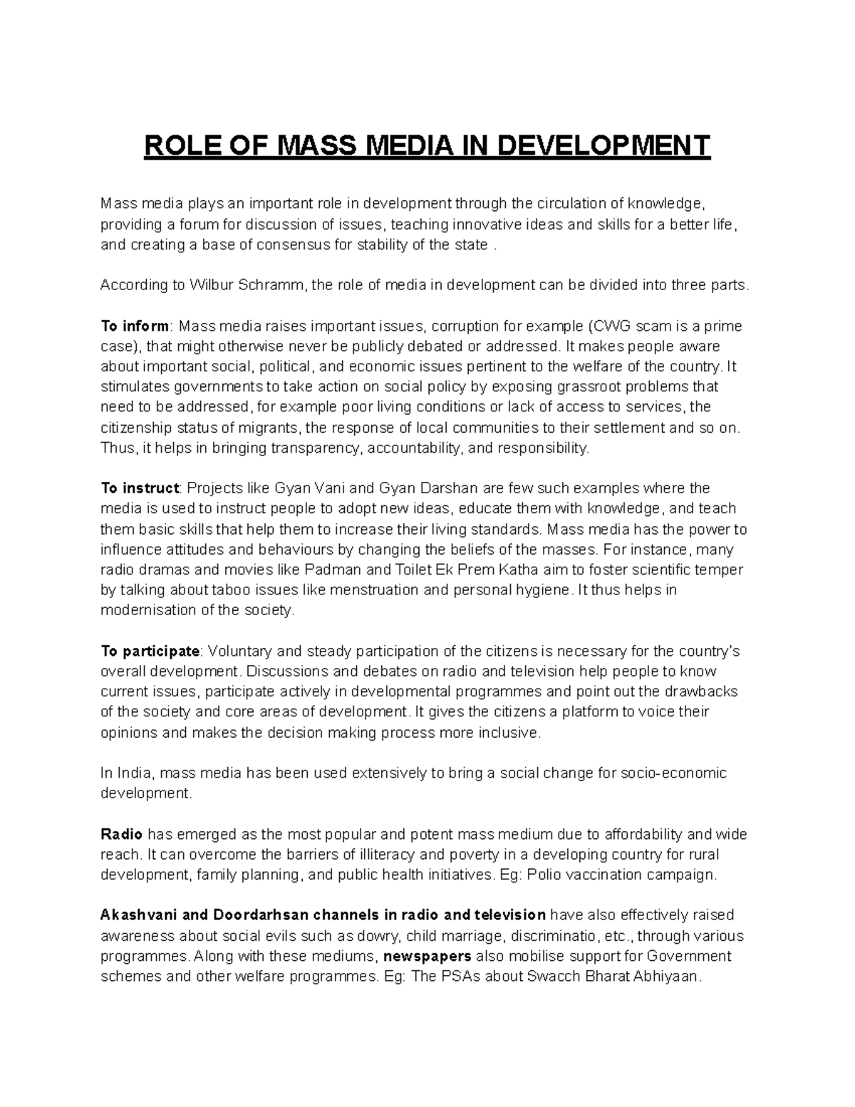 UNIT 3 - The Role of Mass Media & NGOs in Development - Studocu