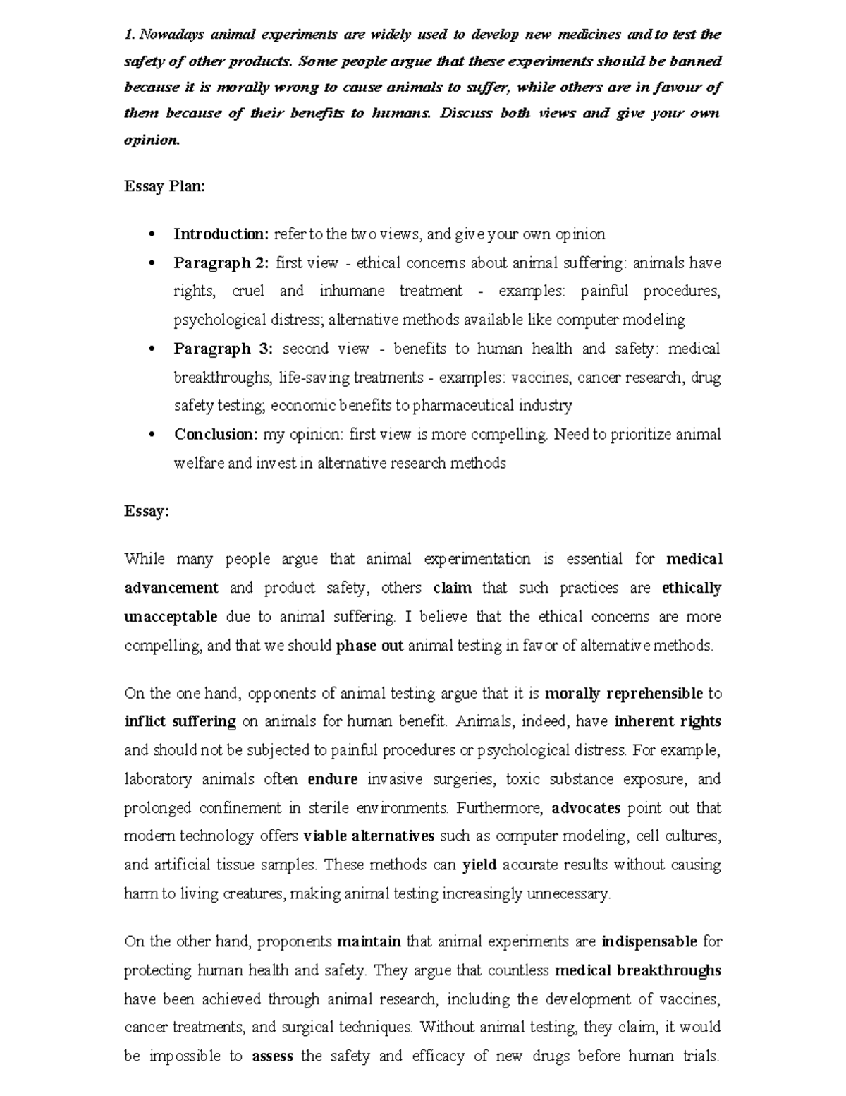 Essay Plan on Animal Testing Ethics and Alternatives (ENG101) - Studocu