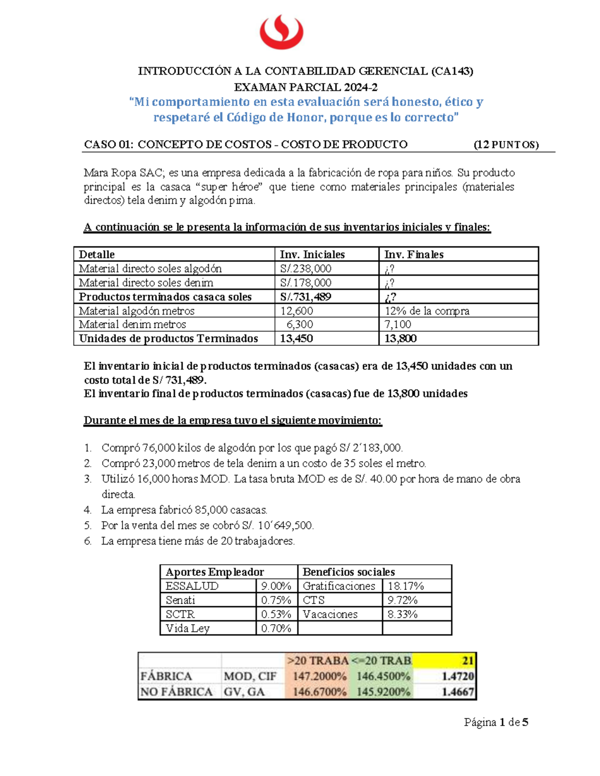 CA143 EXAMEN PARCIAL: Introducción a la Contabilidad Gerencial 2024-2 - Document Preview