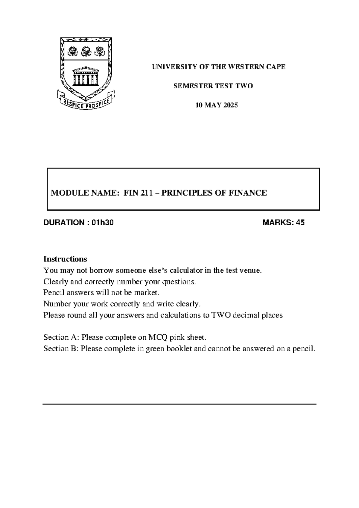 Semester Test 2 FIN 211 Principles of Finance Solutions 2025 - Studocu