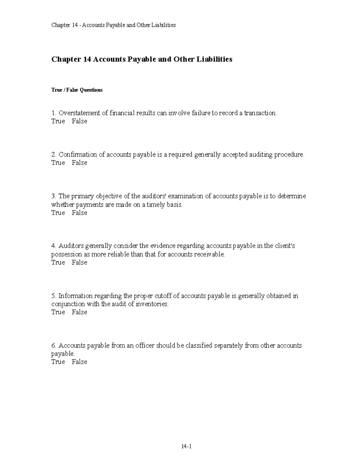 Chapter 14: Accounts Payable & Liabilities - True/False & MCQ Guide ...