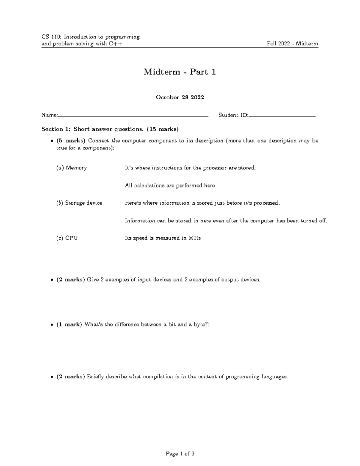 Midterm Part 1 - CS 110: Introduction to programming and problem ...