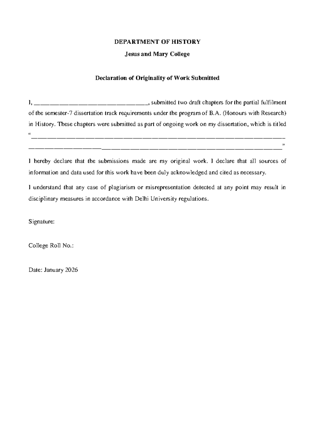 B.A. (Hons) History Dissertation: Declaration of Originality - Studocu