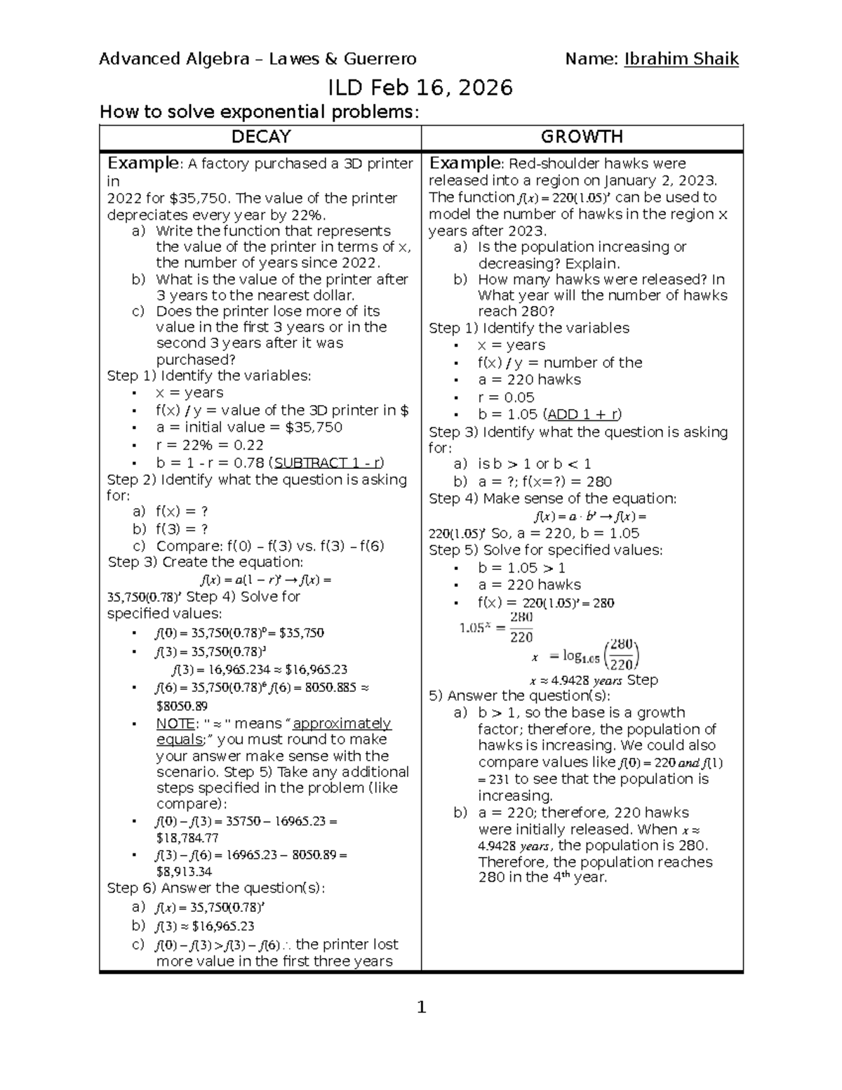 Advanced Algebra ILD Feb 16, 2026 - Exponential Problems &amp; Solutions - Studocu