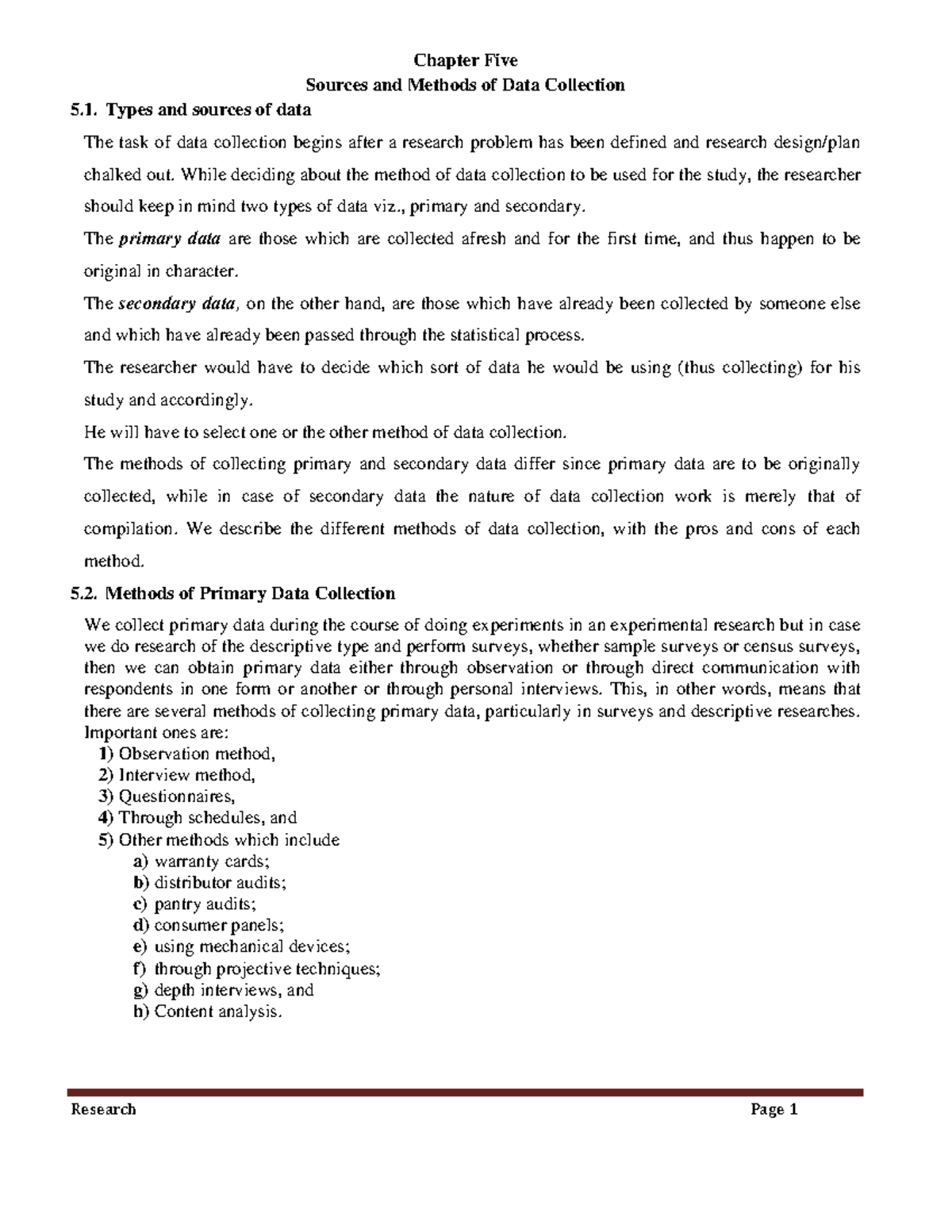 Ch-5 Research Methods - Lecture Notes on Data Collection - Studocu