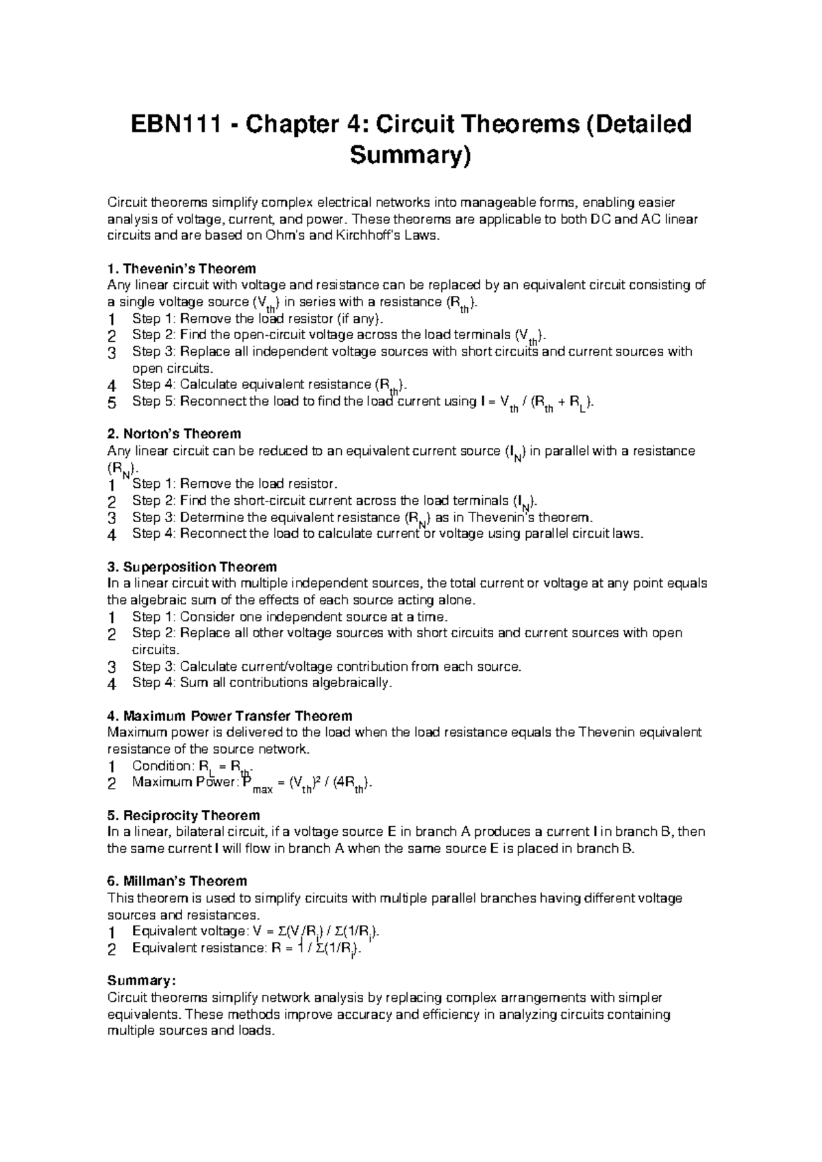 EBN111 Chapter 4: Summary of Circuit Theorems and Their Applications ...