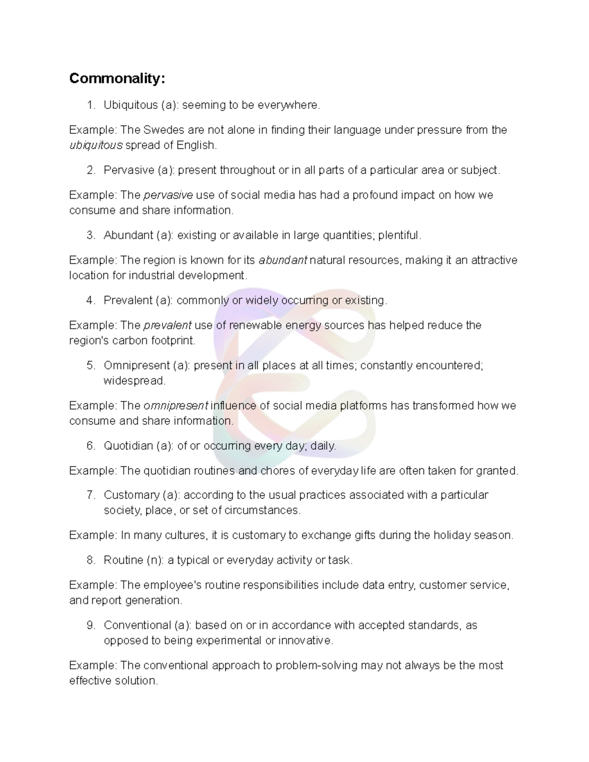 Commonality & Rarity Vocabulary - ENG101 Notes - Studocu