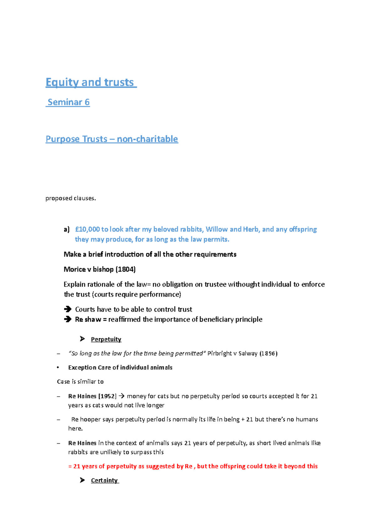 Equity & Trusts Seminar 6: Non-Charitable Purpose Trusts Analysis - Studocu