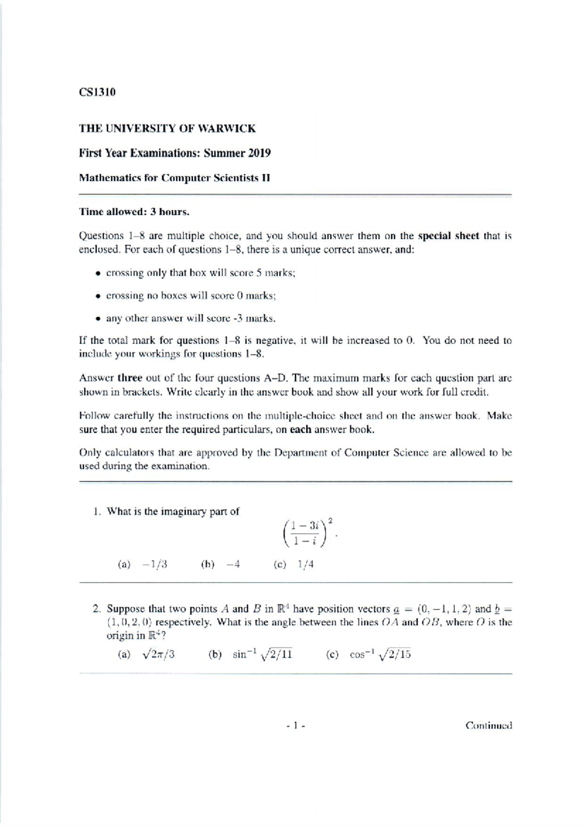 Cs1310 - Past papers from Warwick School of Information technology ...