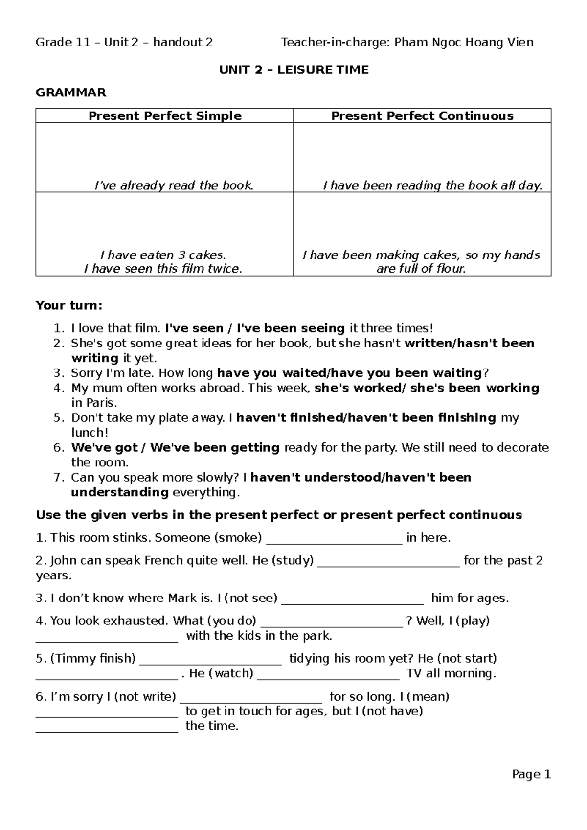 Grade 11 Unit 2 Handout: Present Perfect & Compound Nouns - Studocu