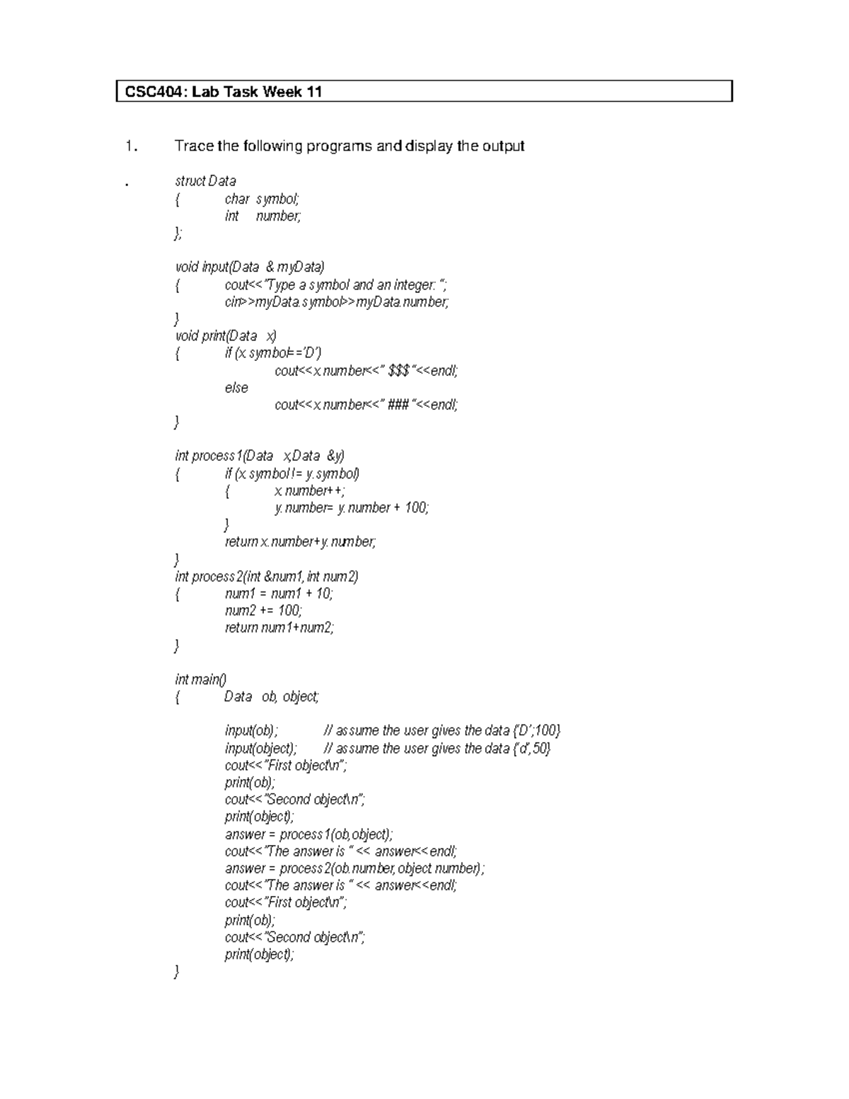 CSC404: Lab Task Week 11 - Program Tracing and Output Display - Studocu