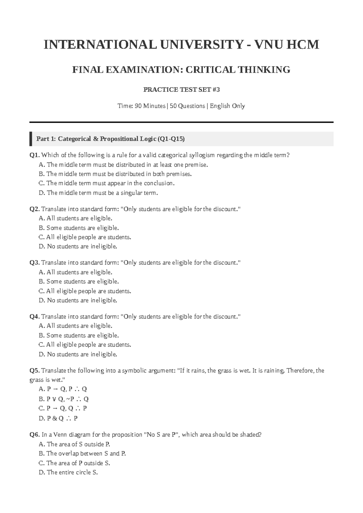 VNU HCM Critical Thinking Final Exam Practice Test Set 3 - Studocu