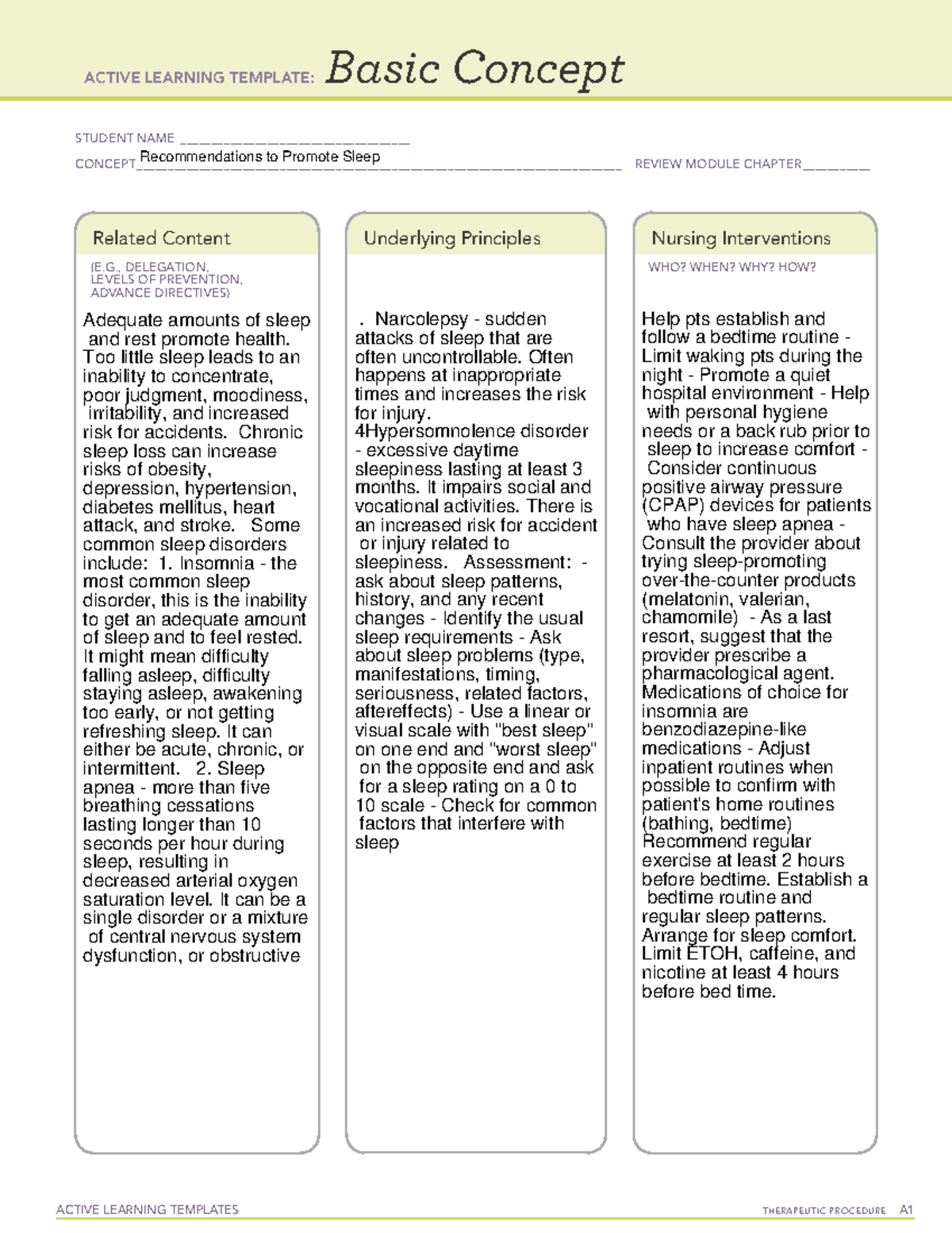 Recommendations for Enhancing Sleep: Active Learning Template - Studocu