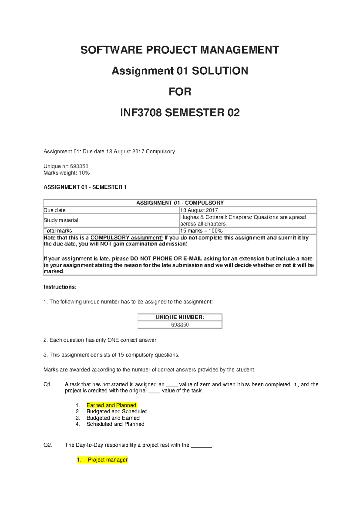 INF3708 Assignment+01 Solution 2017 S2 - SOFTWARE PROJECT MANAGEMENT ...