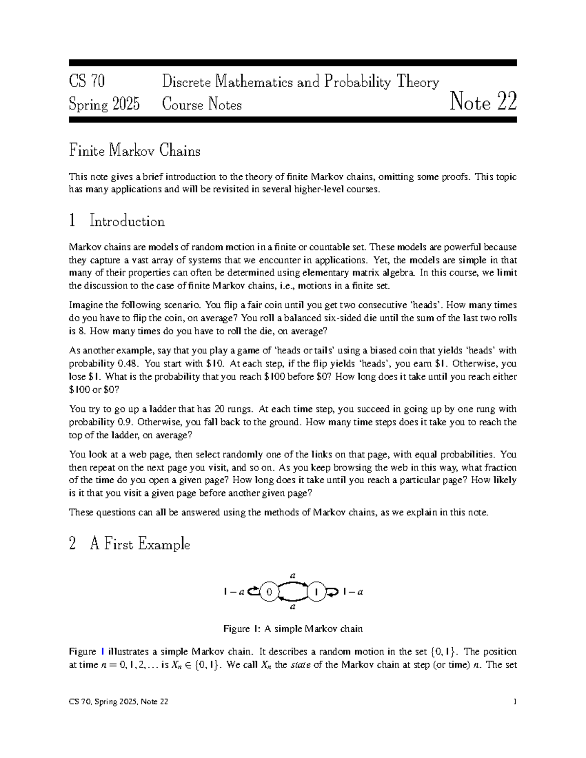 CS 70 Spring 2025 Lecture Notes: Introduction to Finite Markov Chains ...