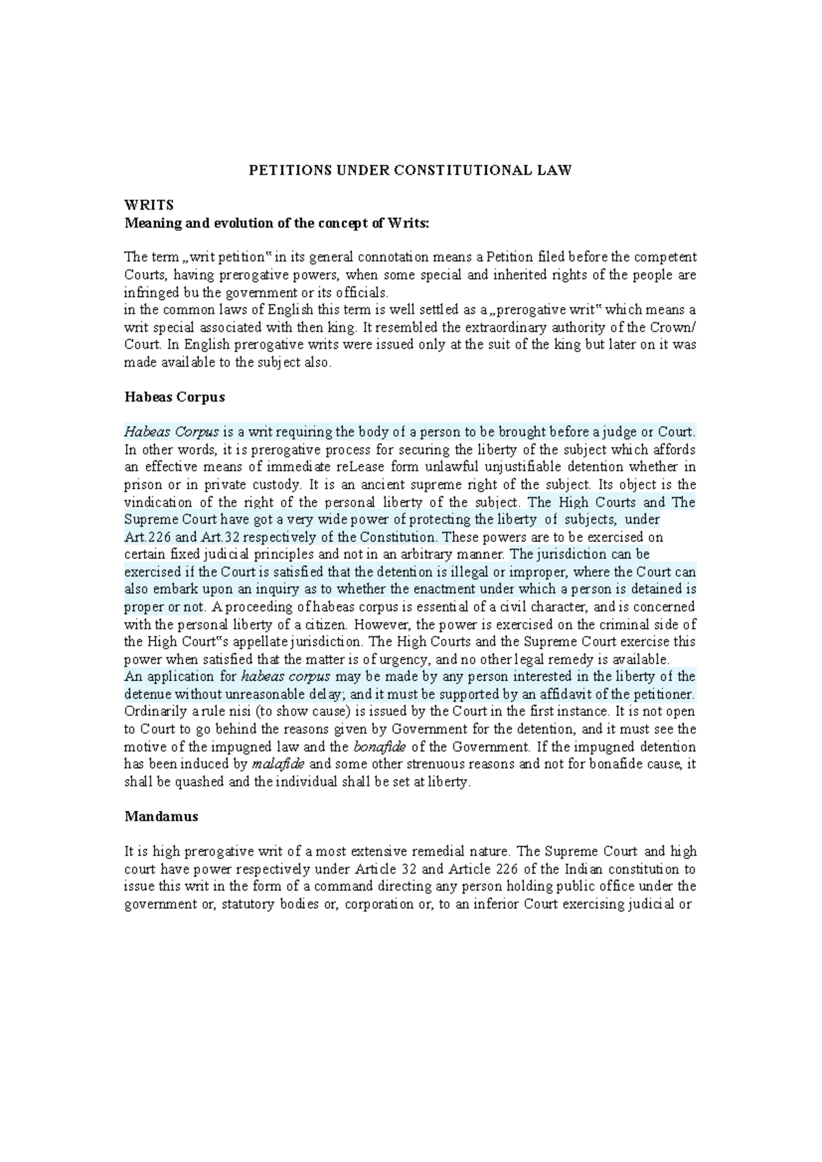 Constitutional Law - Writs Overview and Key Notes - Studocu