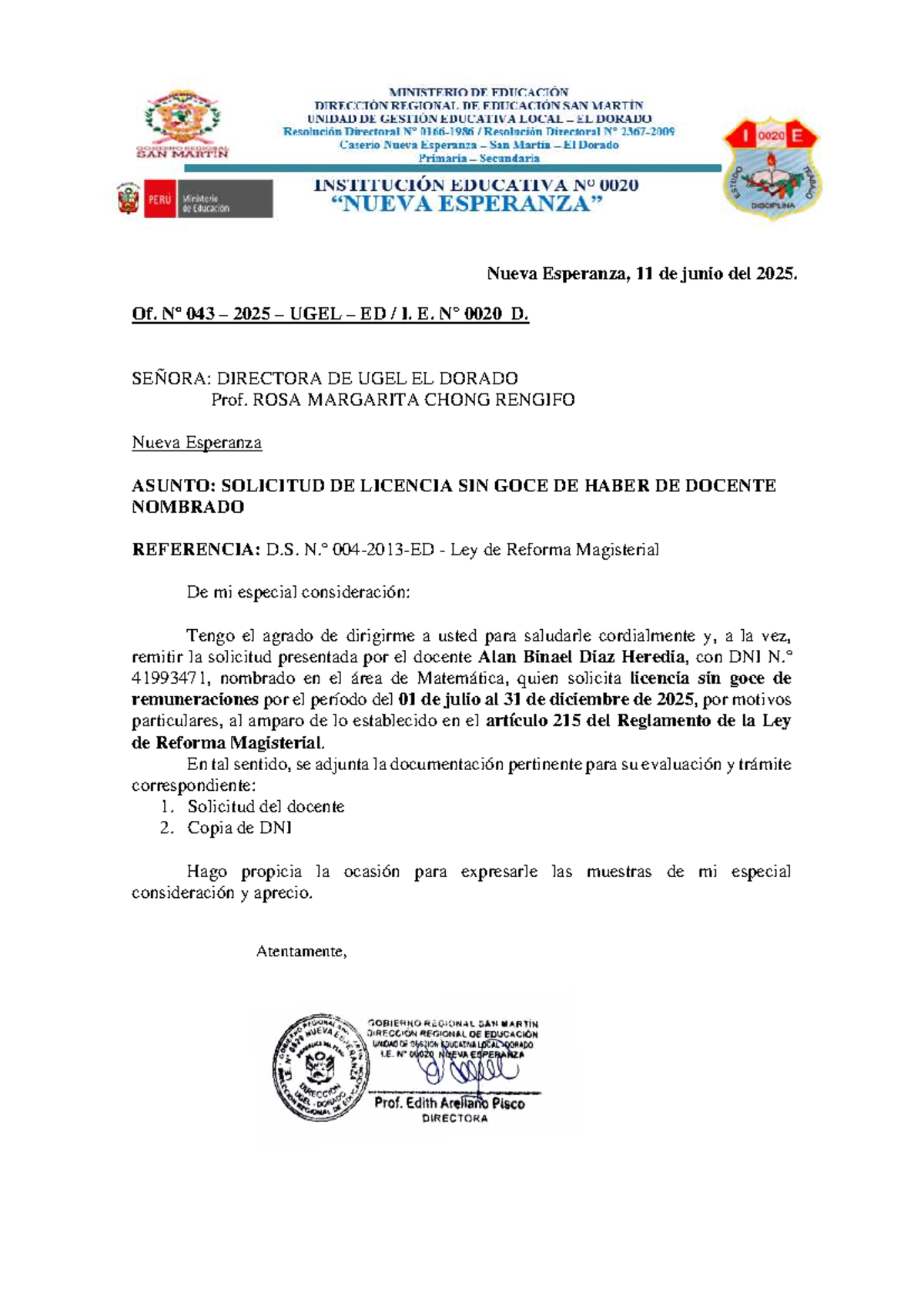 Oficio de Solicitud de Licencia Sin Goce de Haber - UGEL 2025 - Document Preview