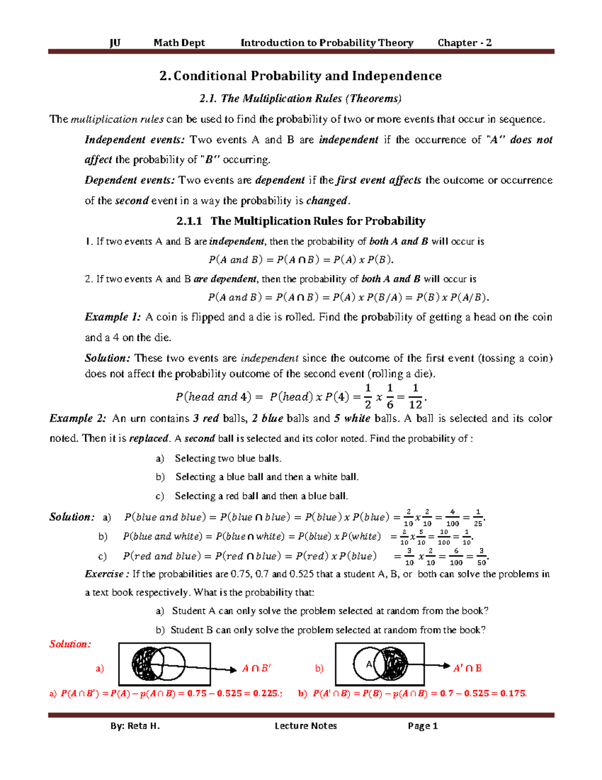 JU Math Dept Probability Theory Chapter 2: Conditional Probability ...