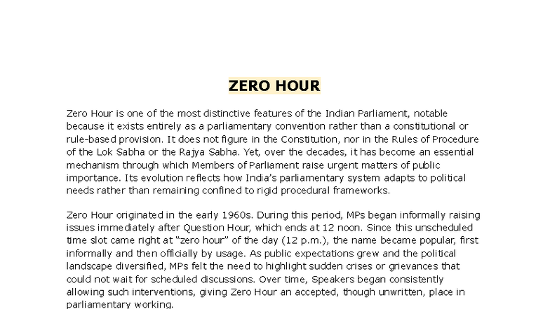 Zero Hour in Indian Parliament: A Critical Overview - Studocu