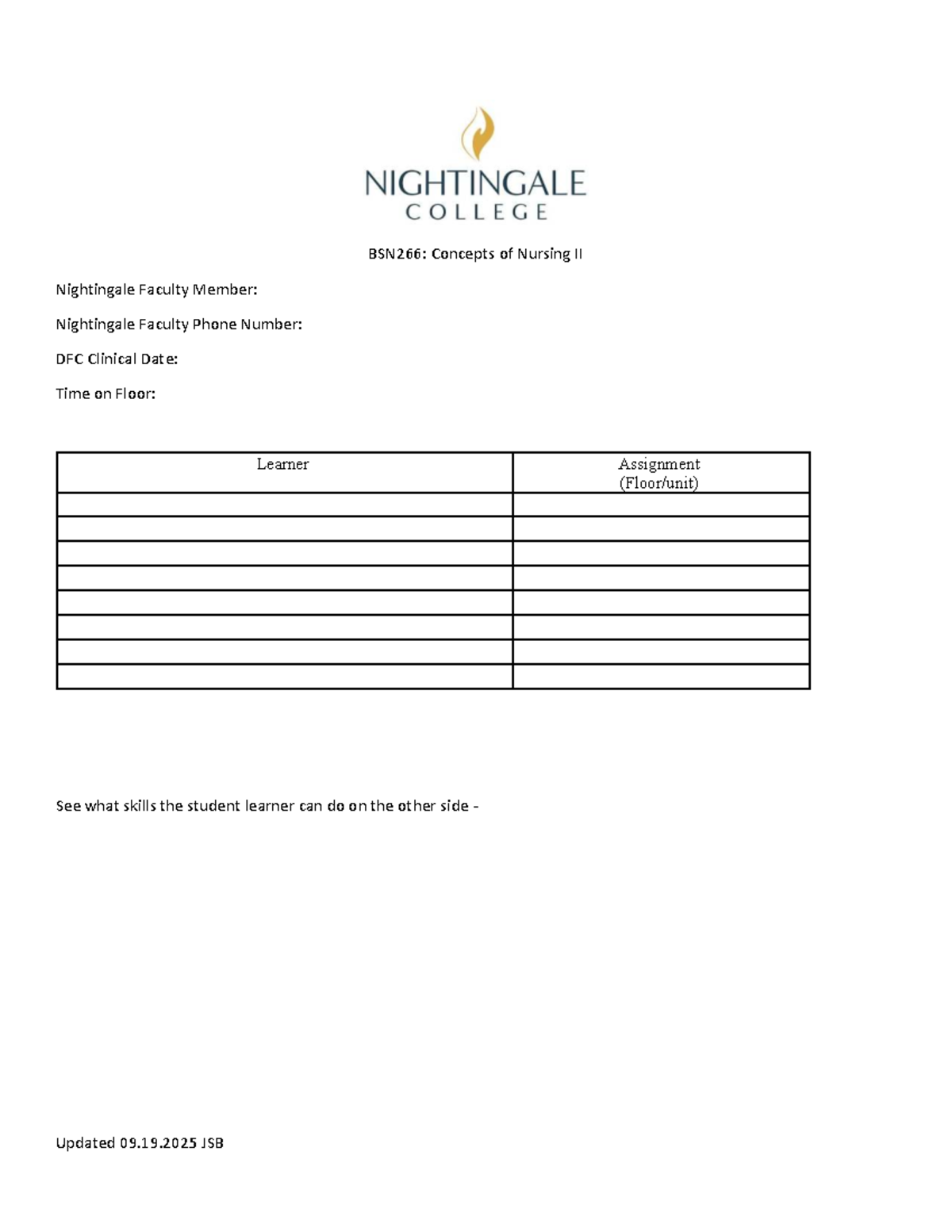 BSN266: DFC Clinical Skills Roster for Nursing II Assignment - Studocu
