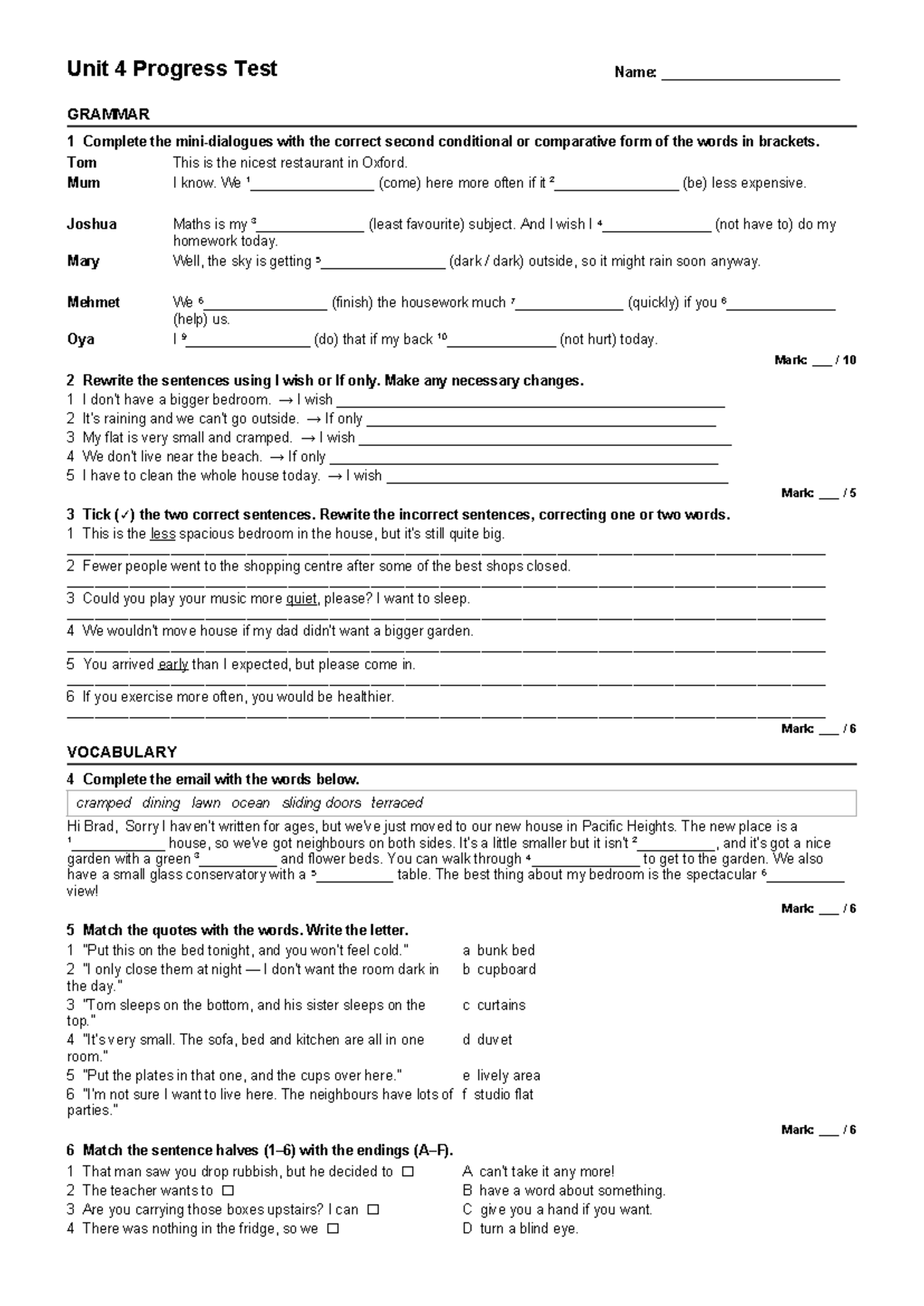 Unit 4 Progress Test: Grammar & Vocabulary Exercises for 4th Year - Studocu